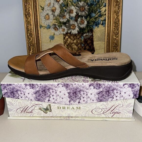 softwalk 8M Tan Brown Leather Slip On Support Soles Comfort Sandals - Picture 4 of 9